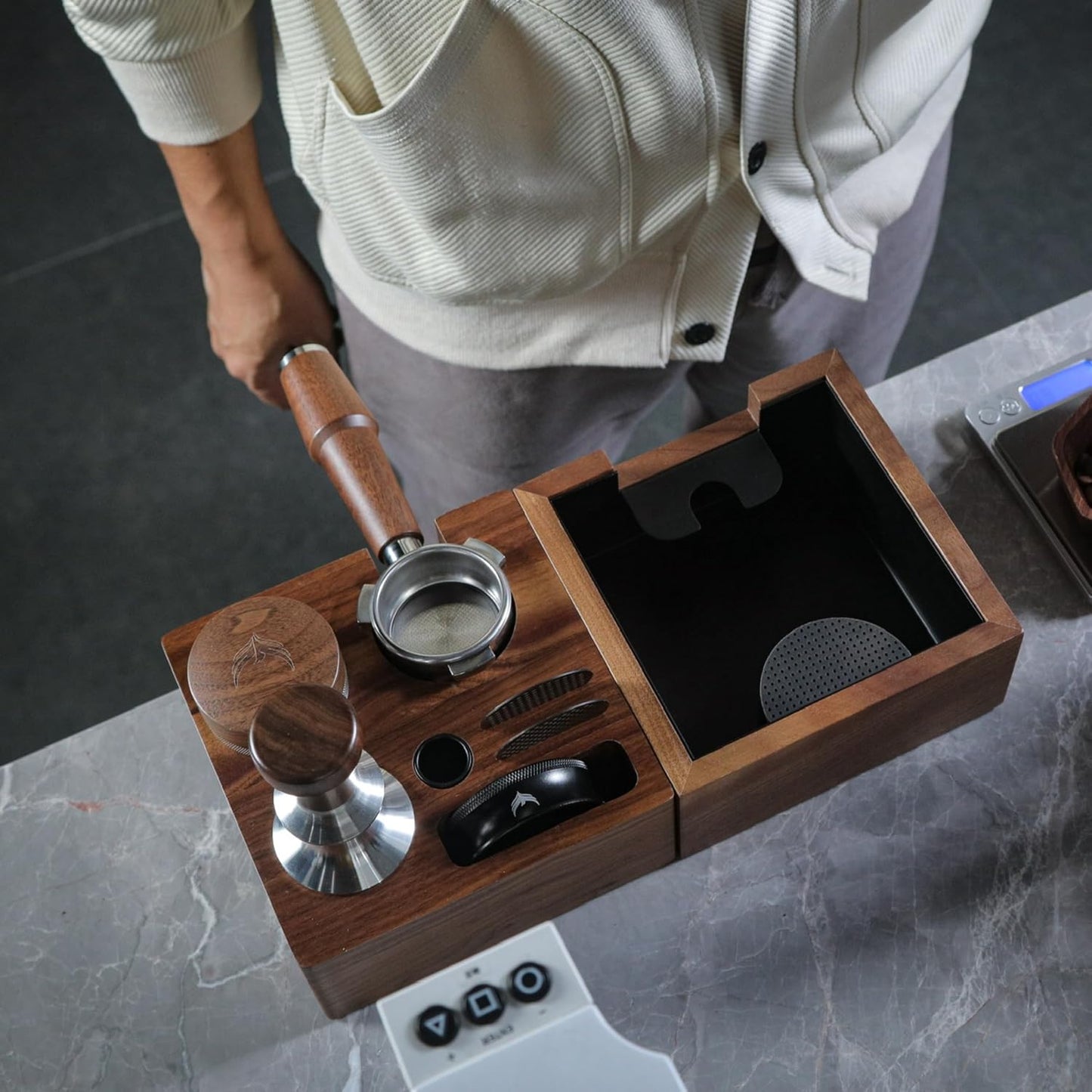 KNODOS Walnut Knock Box and Tamp Stand - Sigma Coffee UK