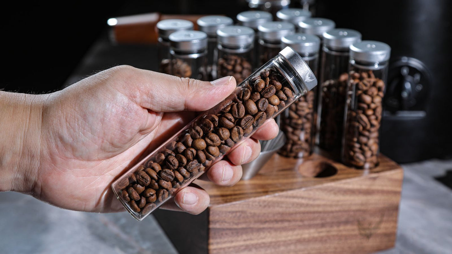 Knodos Valved Single Dose Bean Cellar with Wooden Display Rack - Sigma Coffee UK