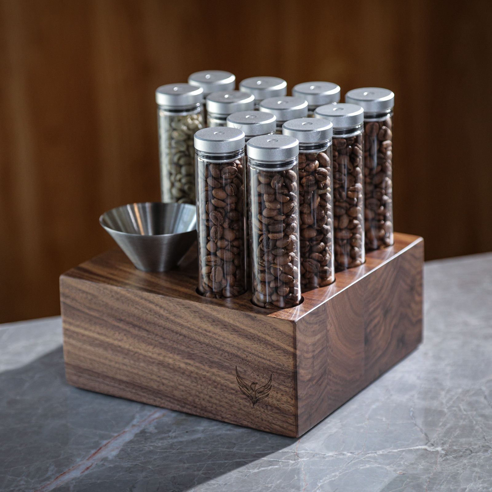 Knodos Valved Single Dose Bean Cellar with Wooden Display Rack - Sigma Coffee UK